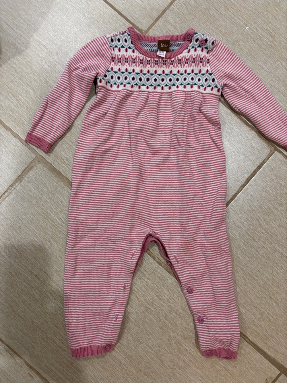 Tea Collection Pink Striped Knit Long-Sleeve Bodysuit with Embroidered Yoke